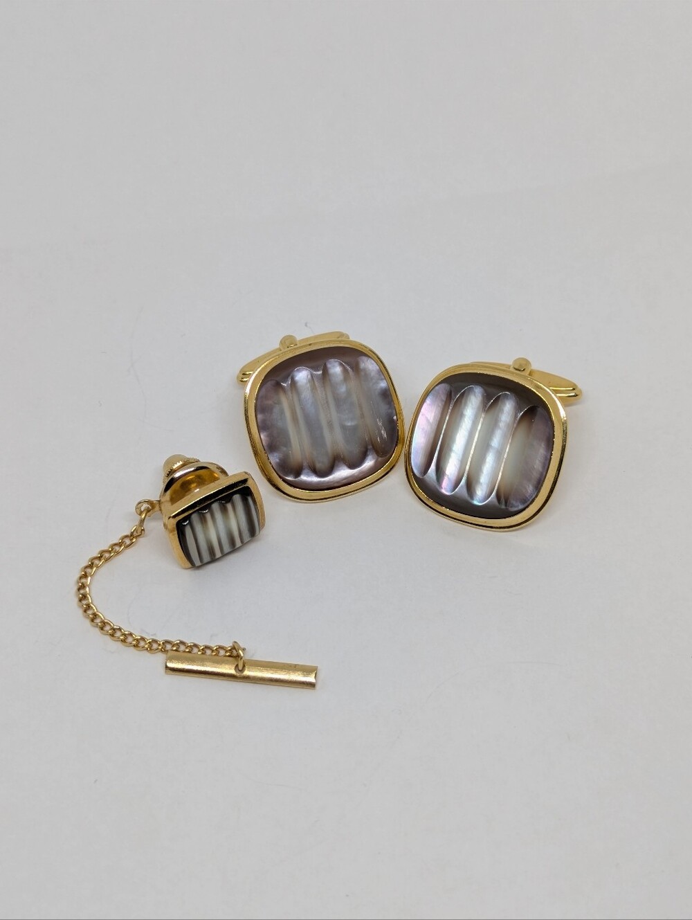 Vintage Cufflinks & Tie Tack Pin Set Gold Tone Taupe Faux Mother-of-Pearl Formal